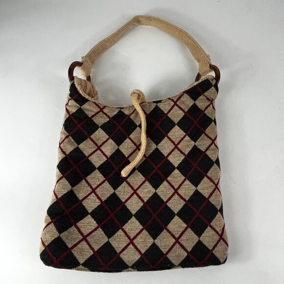 Reversible Sweater Purse Satchel Plaid Knit Wood Winter Cozy Fall Accessory Bag - Picture 1 of 10